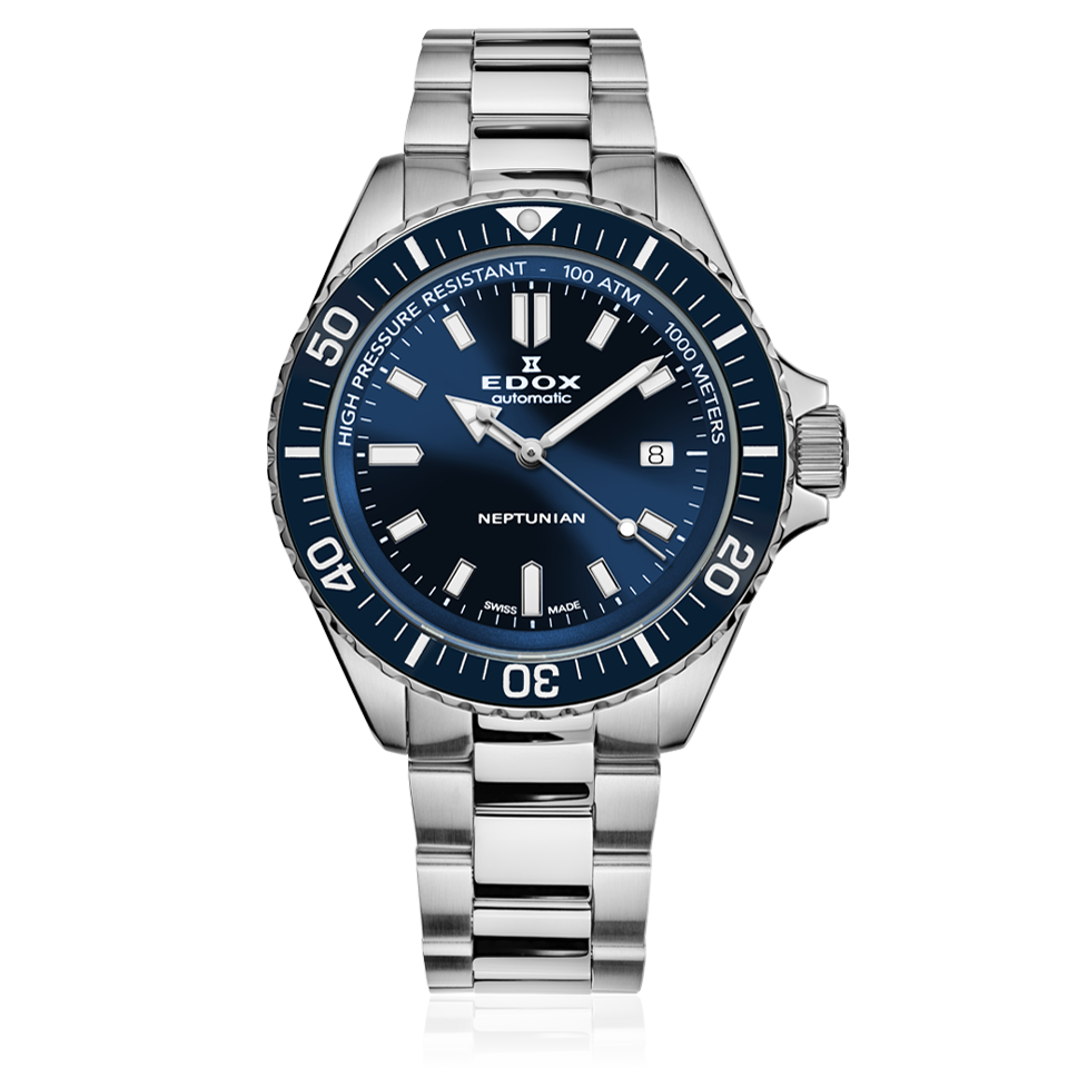 Edox Neptunian Automatic 1000M dive watch, blue dial, 44mm steel case, ref 80120-3BUM-BUF
