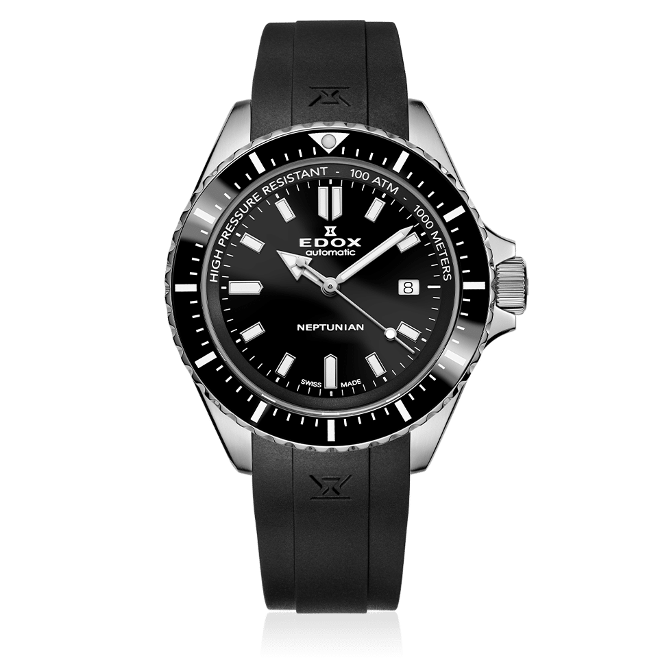 Edox Neptunian Automatic 1000M, black dial, rubber strap, 44mm, ref 80120-3NCA-NIN