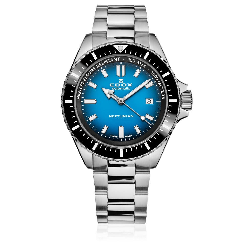 Edox Neptunian Automatic 1000M, blue dial, steel bracelet, 44mm, ref 80120-3NM-BUIDN