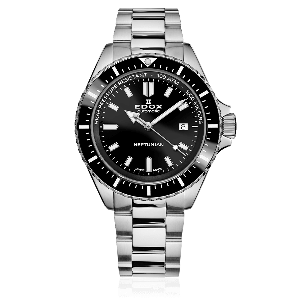 Edox Neptunian Automatic 1000M, black dial, steel bracelet, 44mm, ref 80120-3NM-NIN
