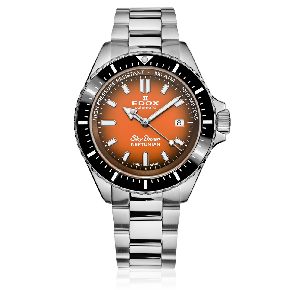 Edox Neptunian Automatic 1000M, orange dial, steel bracelet, 44mm, ref 80120-3NM-ODN