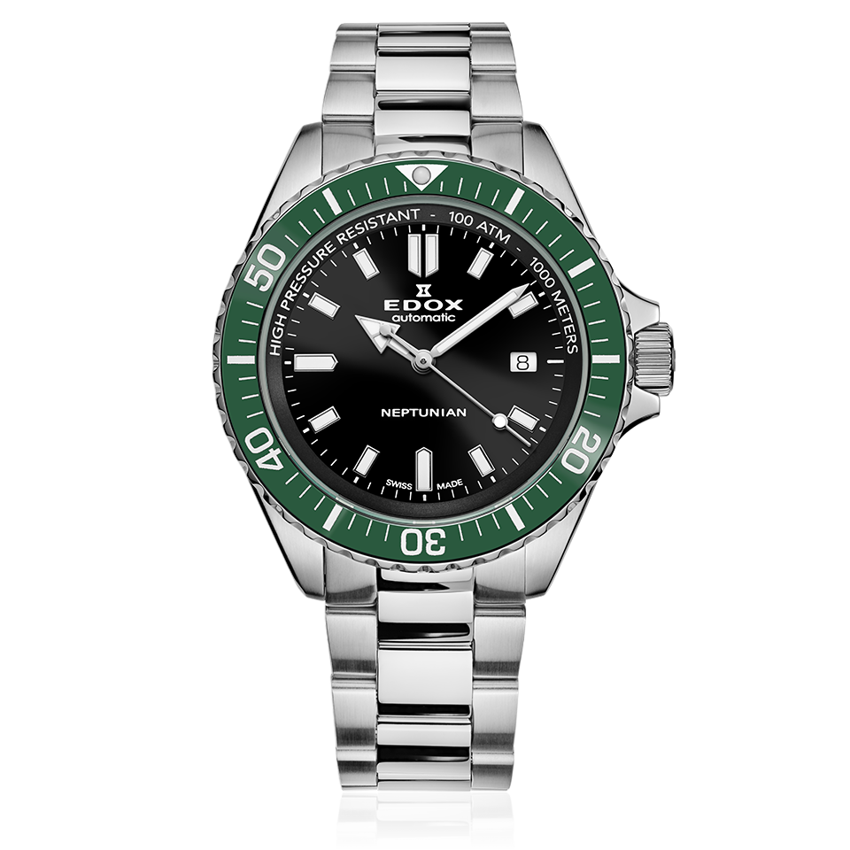 Edox Neptunian Automatic 1000M, black dial, steel bracelet, 44mm, ref 80120-3VM-NIN