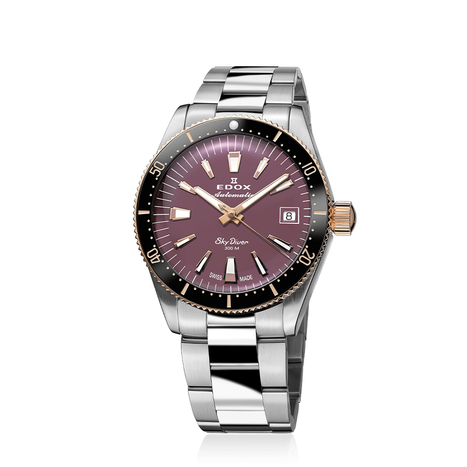 Edox SkyDiver 38 Date Automatic, purple dial, steel bracelet, 38mm, ref 80131-357RNRM-VIO