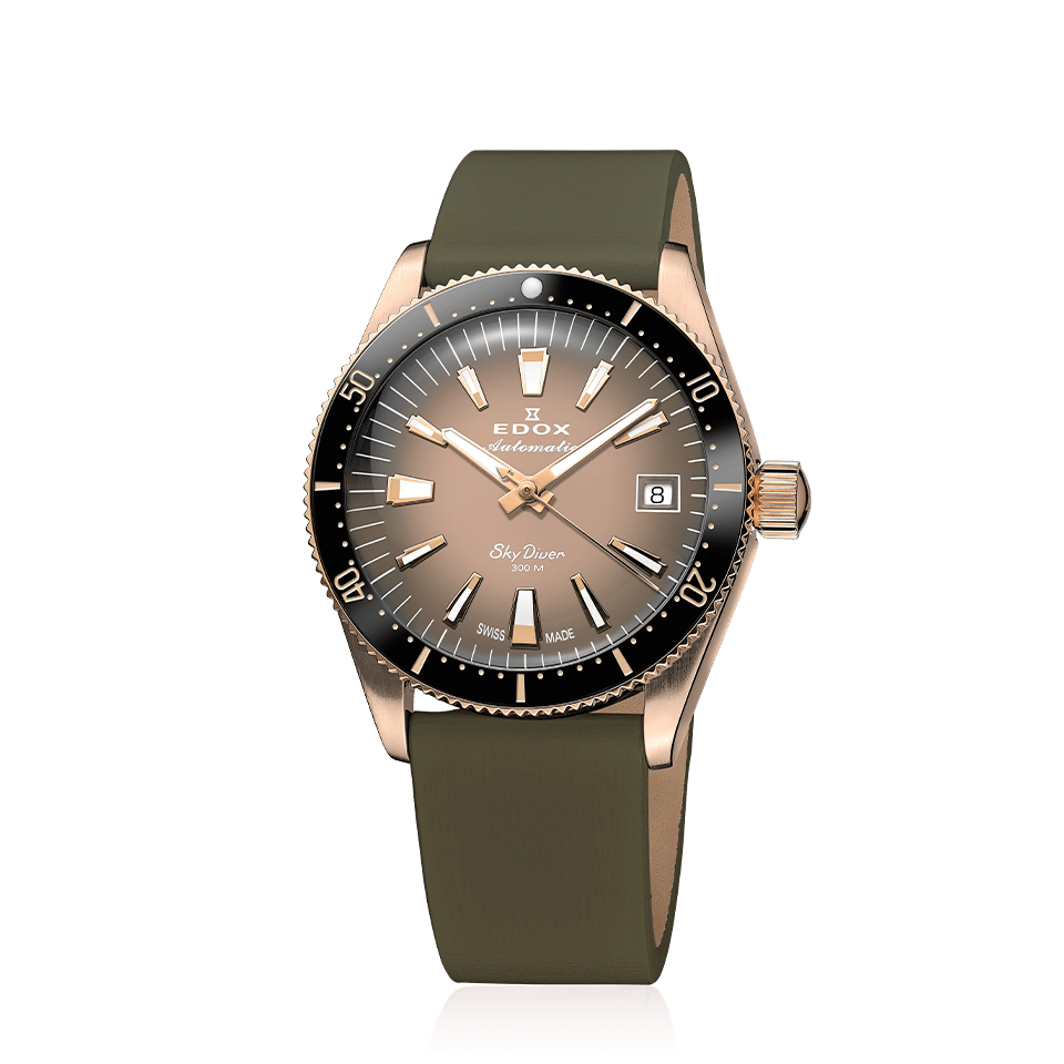 Edox SkyDiver 38 Date Automatic Special Edition, beige dial, pink PVD, leather, 38mm, ref 80131-37RNC-VDBEI