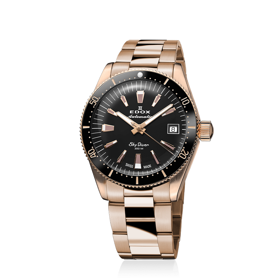 Edox SkyDiver 38 Date Automatic, black dial, pink PVD bracelet, 38mm, ref 80131-37RNM-NI