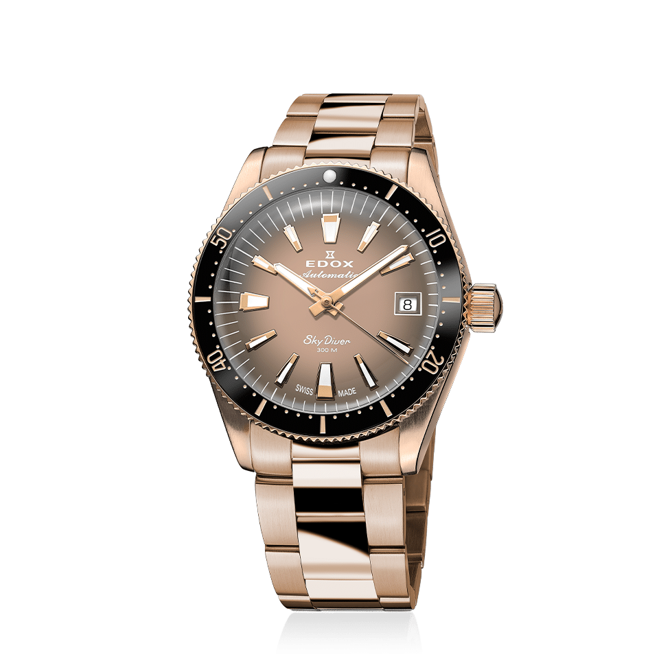 Edox SkyDiver 38 Date Automatic, beige dial, pink PVD bracelet, 38mm, ref 80131-37RNM-VDBEI