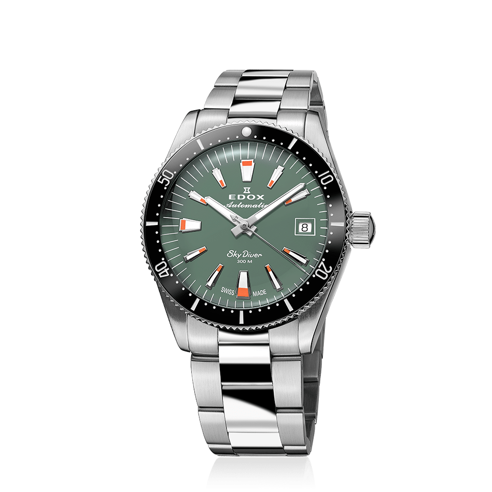 Edox SkyDiver 38 Date Automatic, green dial, steel bracelet, 38mm, ref 80131-3NM-VI