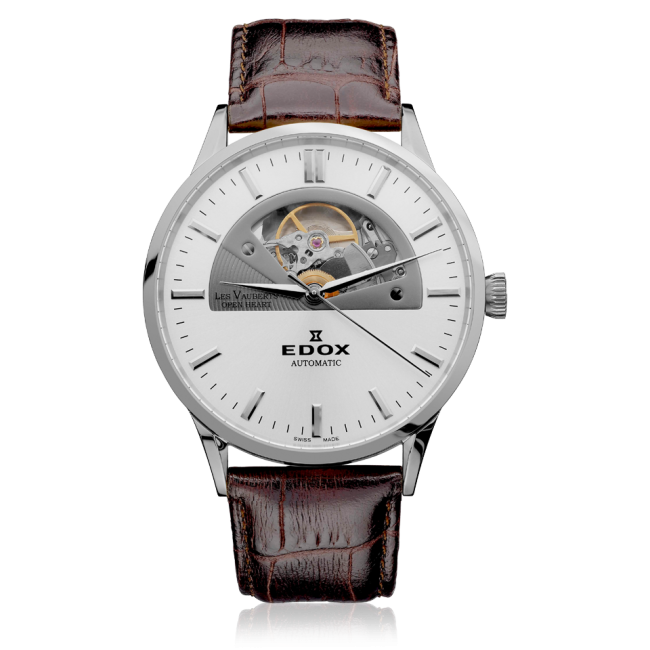 Edox Les Vauberts Open Heart Automatic, silver dial, leather, 43mm, ref 85014-3-AIN