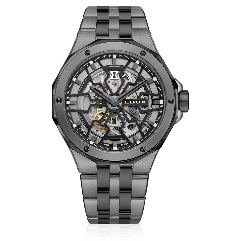 Edox Delfin Mecano Automatic, black and gold dial, steel bracelet, 43mm, ref 85303-357GNM-NGN