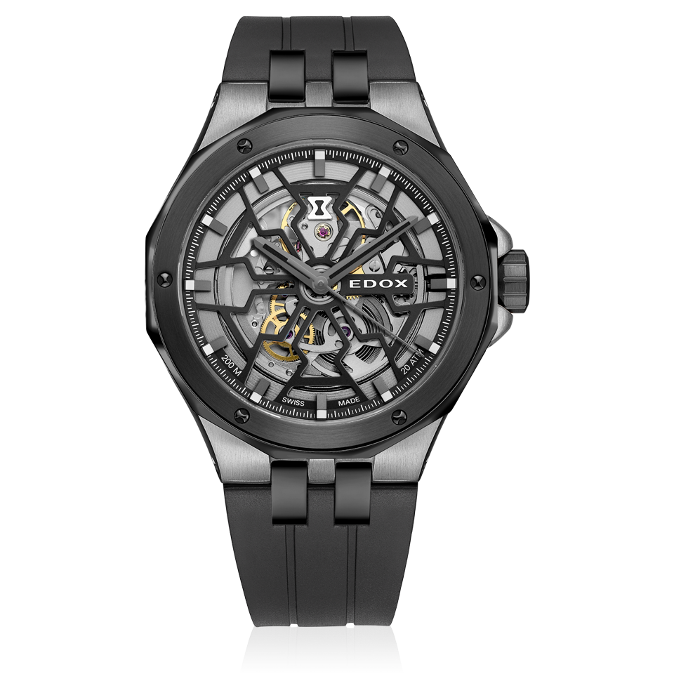 Edox Delfin Mecano Automatic, black dial, rubber strap, 43mm, ref 85303-357GN-NGN