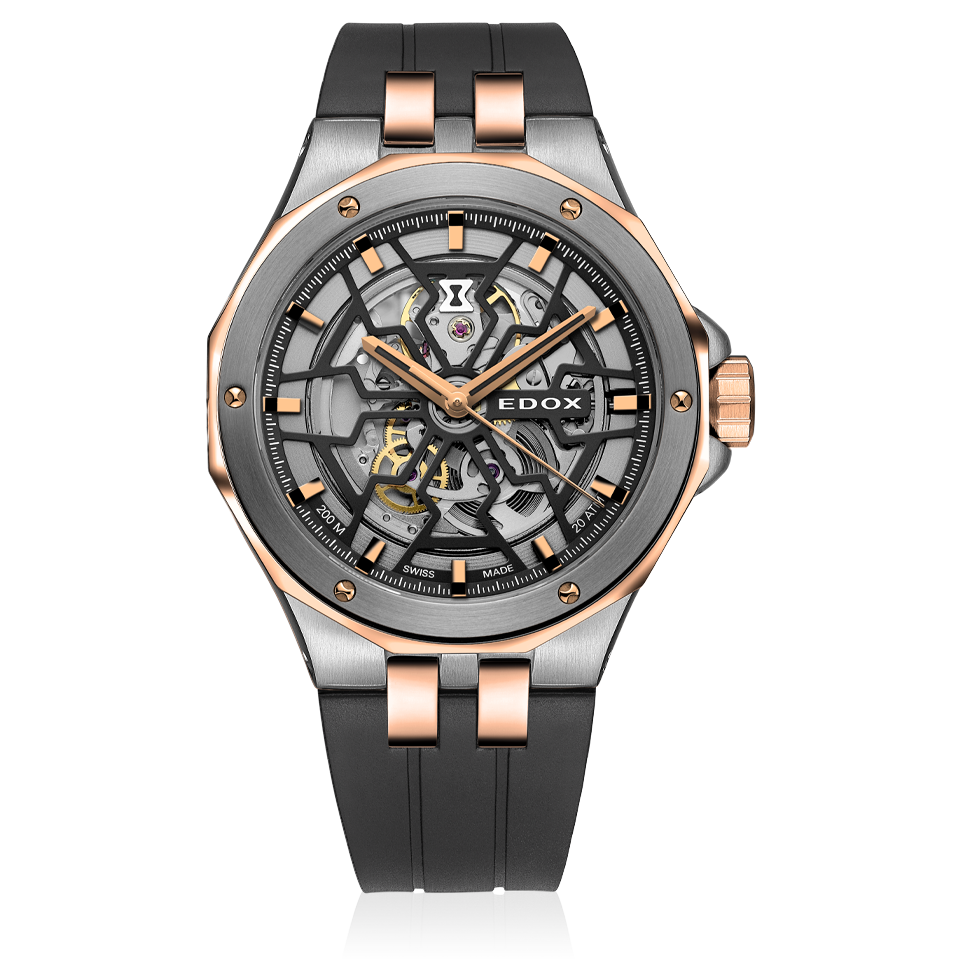 Edox Delfin Mecano Automatic, grey and rose dial, PVD, rubber, 43mm, ref 85303-357GR-NRN