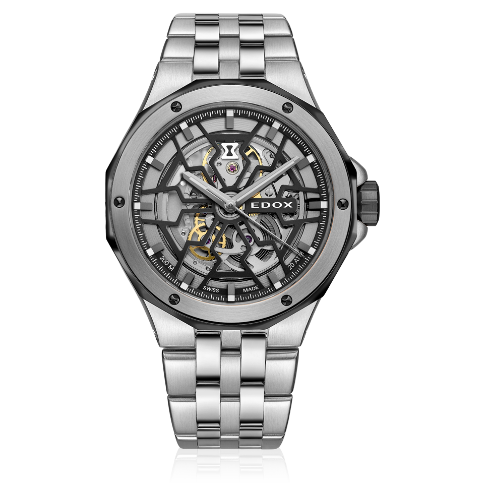 Edox Delfin Mecano Automatic, black dial, steel bracelet, 43mm, ref 85303-3NM-NBG