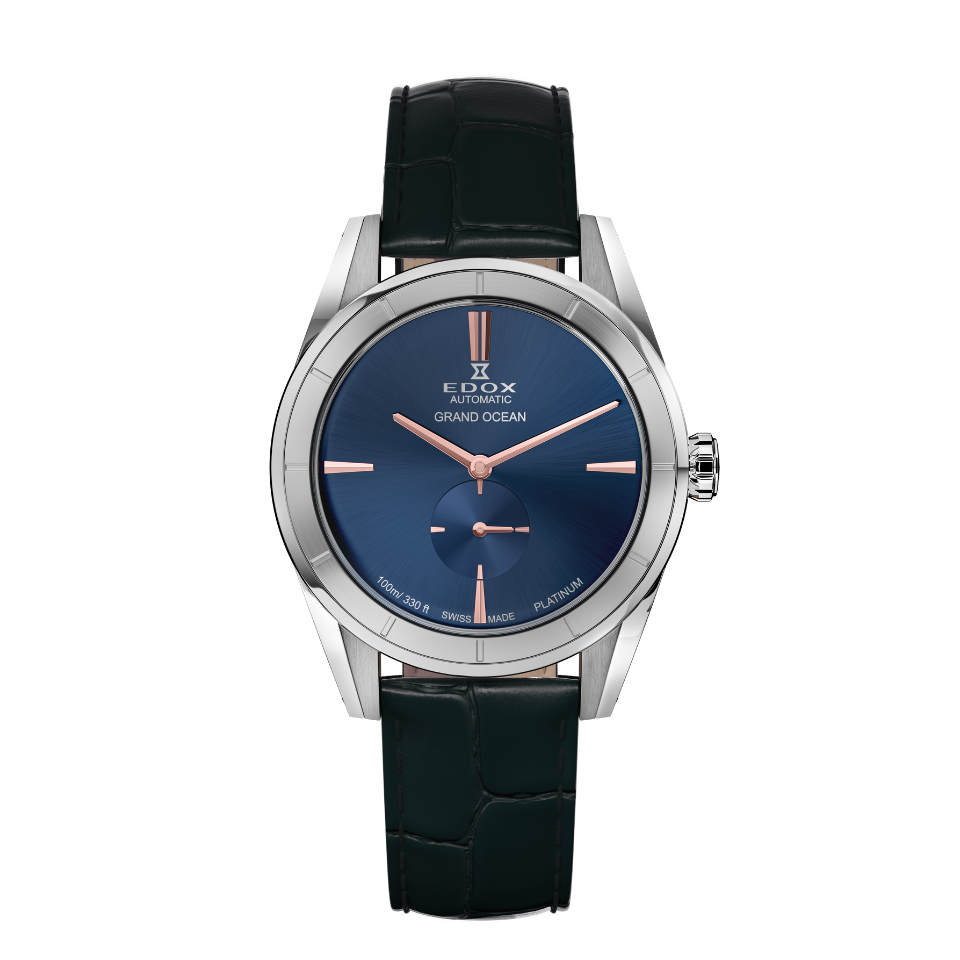 Edox Grand Ocean Automatic Platinum 950 Limited Edition, blue dial, leather, 39mm, ref 98001-PT950CN-BUIR